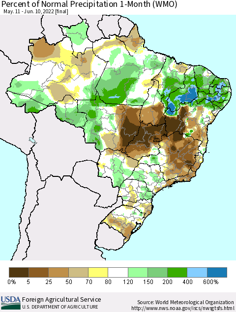 Brazil Percent of Normal Precipitation 1-Month (WMO) Thematic Map For 5/11/2022 - 6/10/2022