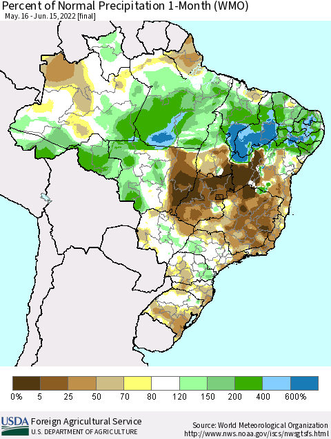 Brazil Percent of Normal Precipitation 1-Month (WMO) Thematic Map For 5/16/2022 - 6/15/2022
