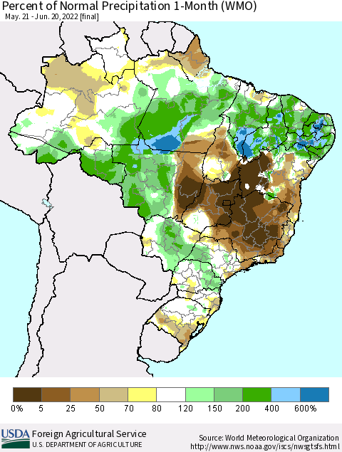 Brazil Percent of Normal Precipitation 1-Month (WMO) Thematic Map For 5/21/2022 - 6/20/2022