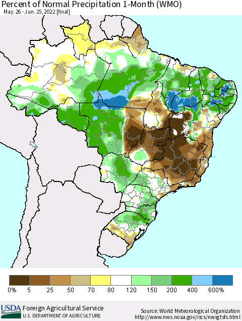 Brazil Percent of Normal Precipitation 1-Month (WMO) Thematic Map For 5/26/2022 - 6/25/2022