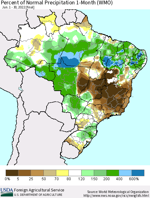 Brazil Percent of Normal Precipitation 1-Month (WMO) Thematic Map For 6/1/2022 - 6/30/2022