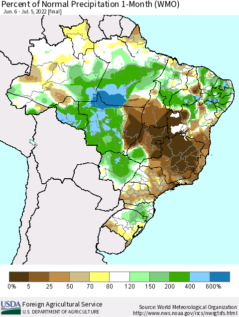 Brazil Percent of Normal Precipitation 1-Month (WMO) Thematic Map For 6/6/2022 - 7/5/2022