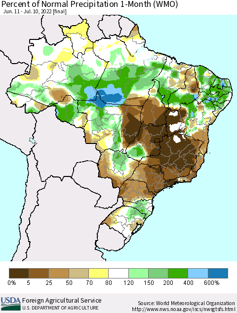 Brazil Percent of Normal Precipitation 1-Month (WMO) Thematic Map For 6/11/2022 - 7/10/2022