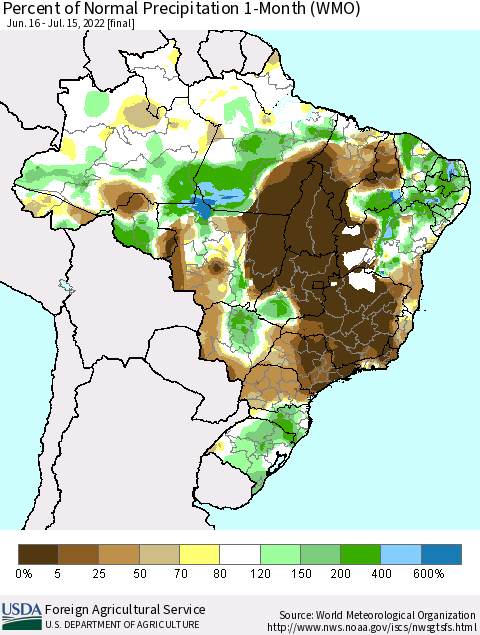 Brazil Percent of Normal Precipitation 1-Month (WMO) Thematic Map For 6/16/2022 - 7/15/2022