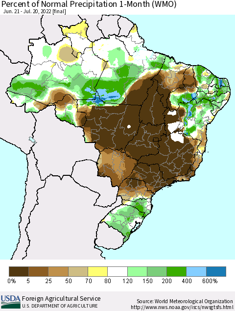 Brazil Percent of Normal Precipitation 1-Month (WMO) Thematic Map For 6/21/2022 - 7/20/2022