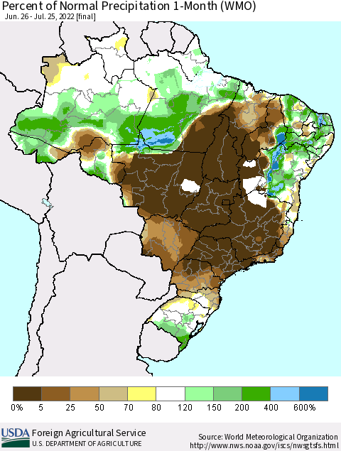 Brazil Percent of Normal Precipitation 1-Month (WMO) Thematic Map For 6/26/2022 - 7/25/2022
