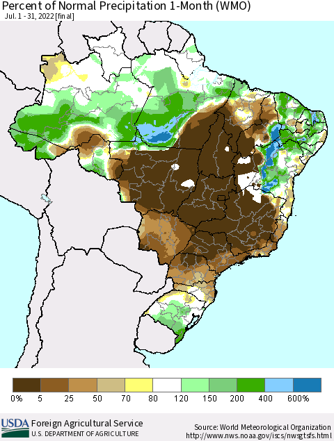 Brazil Percent of Normal Precipitation 1-Month (WMO) Thematic Map For 7/1/2022 - 7/31/2022