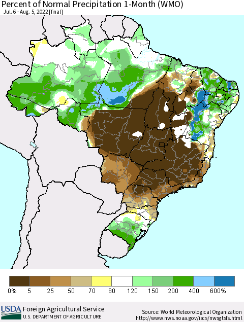 Brazil Percent of Normal Precipitation 1-Month (WMO) Thematic Map For 7/6/2022 - 8/5/2022