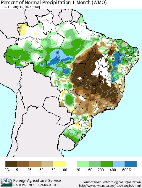 Brazil Percent of Normal Precipitation 1-Month (WMO) Thematic Map For 7/11/2022 - 8/10/2022