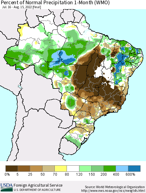 Brazil Percent of Normal Precipitation 1-Month (WMO) Thematic Map For 7/16/2022 - 8/15/2022