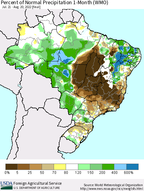 Brazil Percent of Normal Precipitation 1-Month (WMO) Thematic Map For 7/21/2022 - 8/20/2022