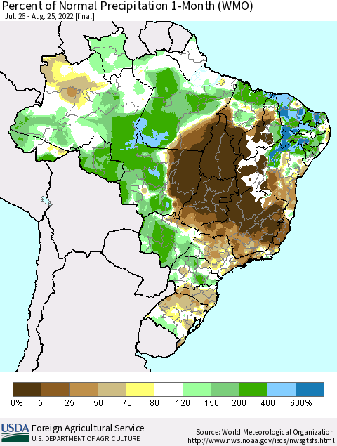 Brazil Percent of Normal Precipitation 1-Month (WMO) Thematic Map For 7/26/2022 - 8/25/2022