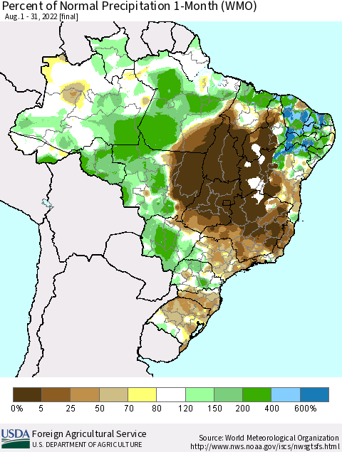 Brazil Percent of Normal Precipitation 1-Month (WMO) Thematic Map For 8/1/2022 - 8/31/2022