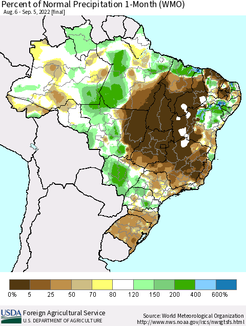 Brazil Percent of Normal Precipitation 1-Month (WMO) Thematic Map For 8/6/2022 - 9/5/2022