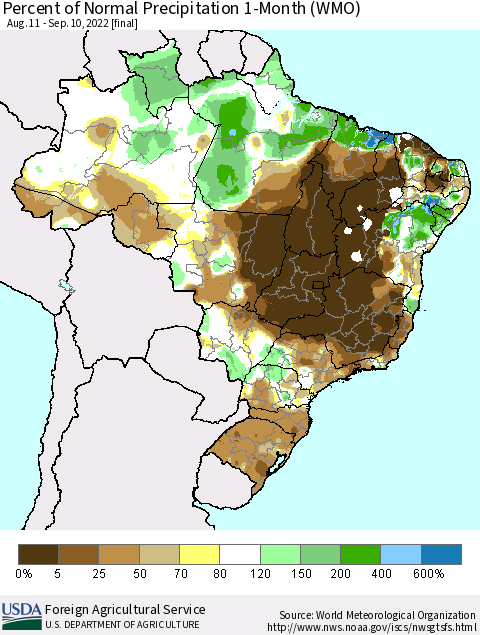 Brazil Percent of Normal Precipitation 1-Month (WMO) Thematic Map For 8/11/2022 - 9/10/2022