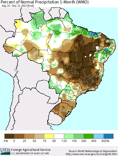 Brazil Percent of Normal Precipitation 1-Month (WMO) Thematic Map For 8/16/2022 - 9/15/2022