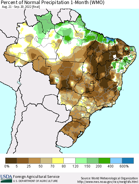 Brazil Percent of Normal Precipitation 1-Month (WMO) Thematic Map For 8/21/2022 - 9/20/2022