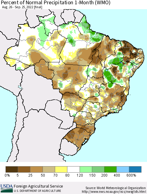Brazil Percent of Normal Precipitation 1-Month (WMO) Thematic Map For 8/26/2022 - 9/25/2022