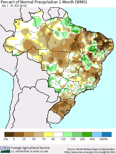 Brazil Percent of Normal Precipitation 1-Month (WMO) Thematic Map For 9/1/2022 - 9/30/2022
