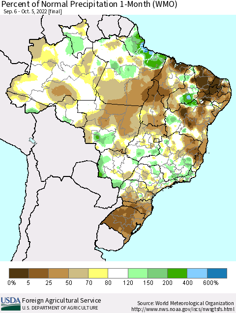 Brazil Percent of Normal Precipitation 1-Month (WMO) Thematic Map For 9/6/2022 - 10/5/2022