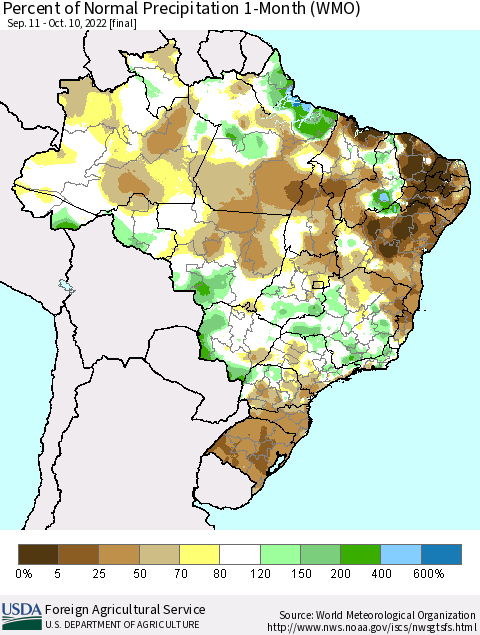 Brazil Percent of Normal Precipitation 1-Month (WMO) Thematic Map For 9/11/2022 - 10/10/2022