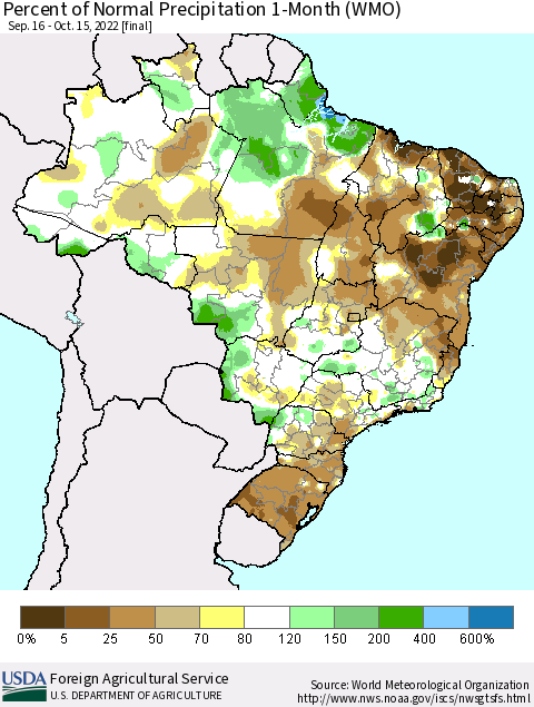 Brazil Percent of Normal Precipitation 1-Month (WMO) Thematic Map For 9/16/2022 - 10/15/2022