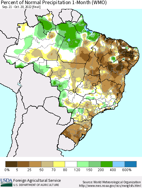 Brazil Percent of Normal Precipitation 1-Month (WMO) Thematic Map For 9/21/2022 - 10/20/2022