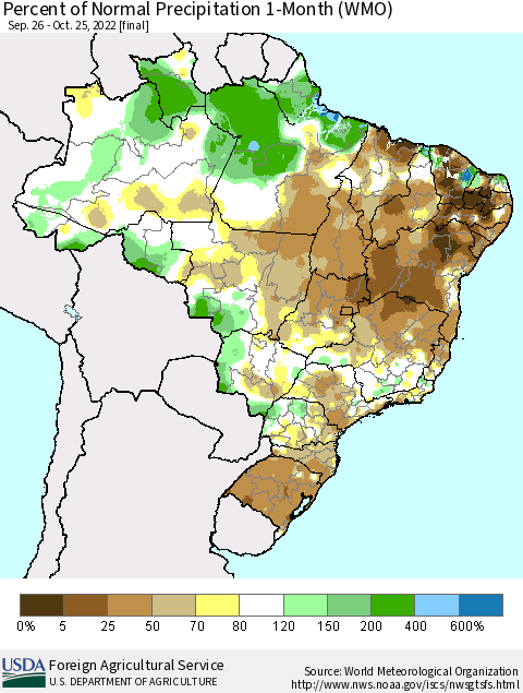 Brazil Percent of Normal Precipitation 1-Month (WMO) Thematic Map For 9/26/2022 - 10/25/2022