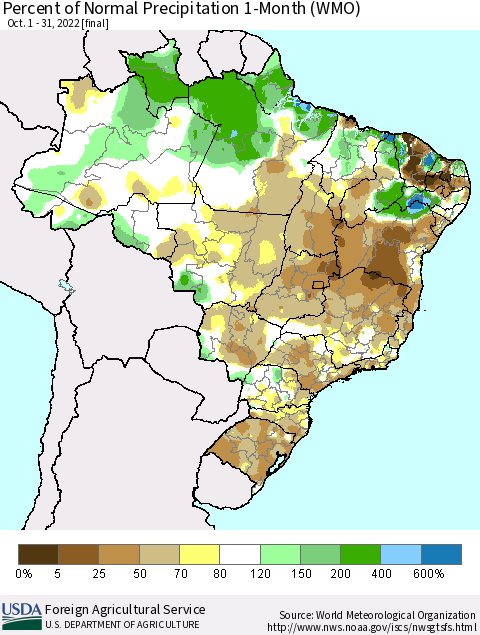 Brazil Percent of Normal Precipitation 1-Month (WMO) Thematic Map For 10/1/2022 - 10/31/2022