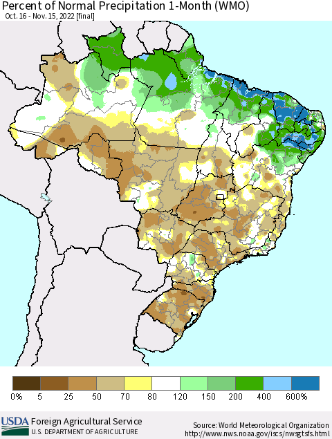 Brazil Percent of Normal Precipitation 1-Month (WMO) Thematic Map For 10/16/2022 - 11/15/2022