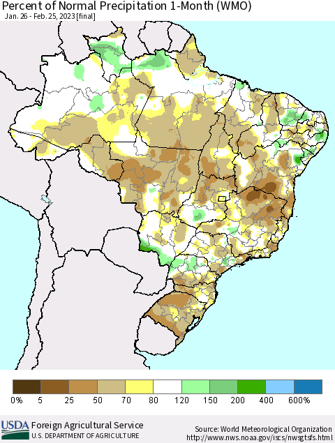 Brazil Percent of Normal Precipitation 1-Month (WMO) Thematic Map For 1/26/2023 - 2/25/2023