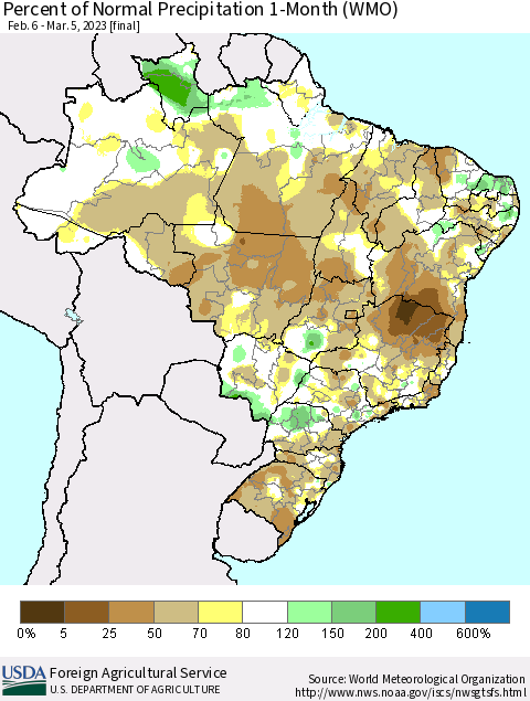 Brazil Percent of Normal Precipitation 1-Month (WMO) Thematic Map For 2/6/2023 - 3/5/2023