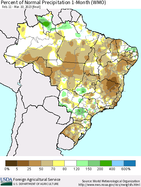 Brazil Percent of Normal Precipitation 1-Month (WMO) Thematic Map For 2/11/2023 - 3/10/2023