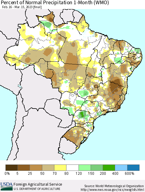 Brazil Percent of Normal Precipitation 1-Month (WMO) Thematic Map For 2/16/2023 - 3/15/2023