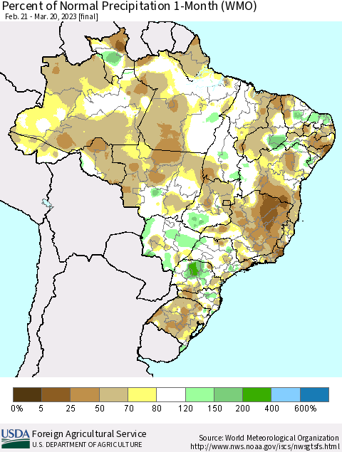 Brazil Percent of Normal Precipitation 1-Month (WMO) Thematic Map For 2/21/2023 - 3/20/2023
