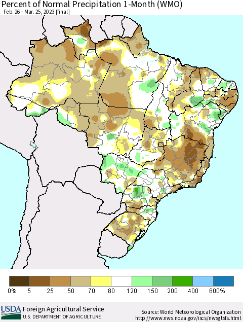 Brazil Percent of Normal Precipitation 1-Month (WMO) Thematic Map For 2/26/2023 - 3/25/2023