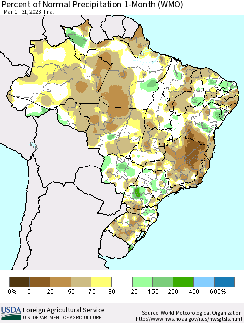 Brazil Percent of Normal Precipitation 1-Month (WMO) Thematic Map For 3/1/2023 - 3/31/2023