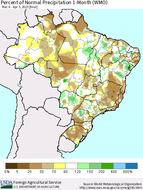 Brazil Percent of Normal Precipitation 1-Month (WMO) Thematic Map For 3/6/2023 - 4/5/2023