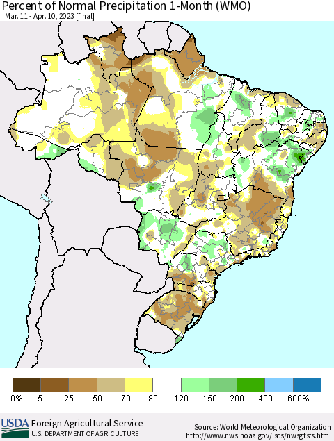Brazil Percent of Normal Precipitation 1-Month (WMO) Thematic Map For 3/11/2023 - 4/10/2023