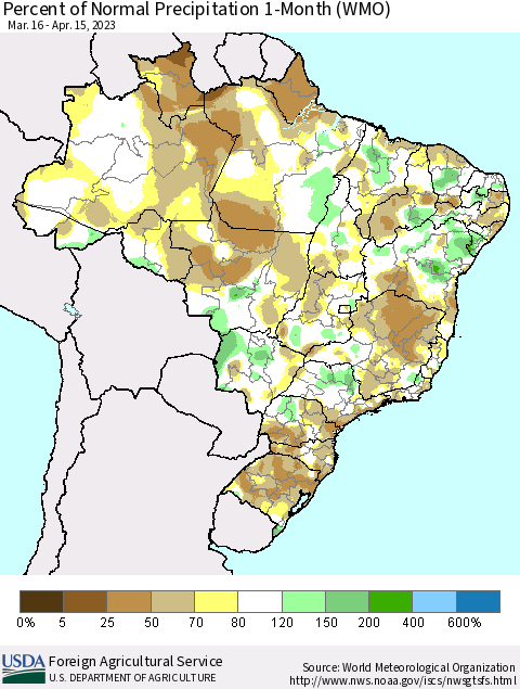 Brazil Percent of Normal Precipitation 1-Month (WMO) Thematic Map For 3/16/2023 - 4/15/2023