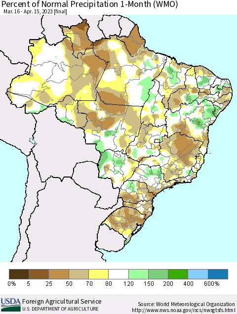 Brazil Percent of Normal Precipitation 1-Month (WMO) Thematic Map For 3/16/2023 - 4/15/2023