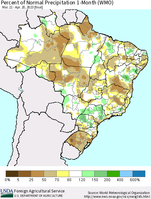 Brazil Percent of Normal Precipitation 1-Month (WMO) Thematic Map For 3/21/2023 - 4/20/2023