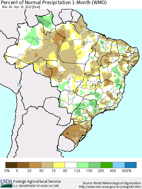 Brazil Percent of Normal Precipitation 1-Month (WMO) Thematic Map For 3/26/2023 - 4/25/2023