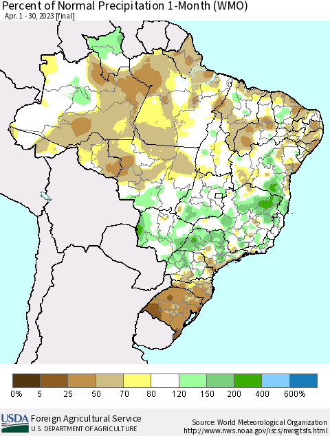 Brazil Percent of Normal Precipitation 1-Month (WMO) Thematic Map For 4/1/2023 - 4/30/2023