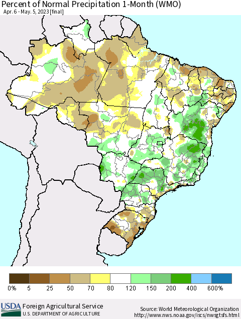 Brazil Percent of Normal Precipitation 1-Month (WMO) Thematic Map For 4/6/2023 - 5/5/2023