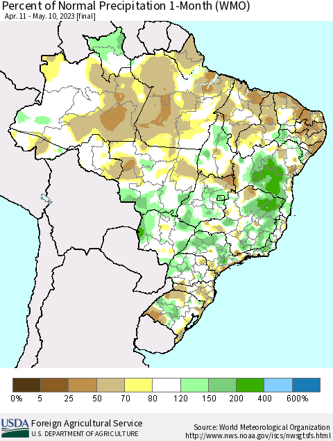 Brazil Percent of Normal Precipitation 1-Month (WMO) Thematic Map For 4/11/2023 - 5/10/2023
