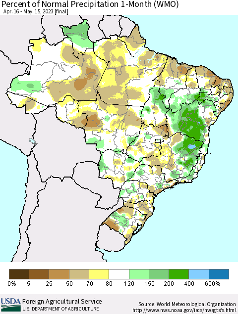 Brazil Percent of Normal Precipitation 1-Month (WMO) Thematic Map For 4/16/2023 - 5/15/2023