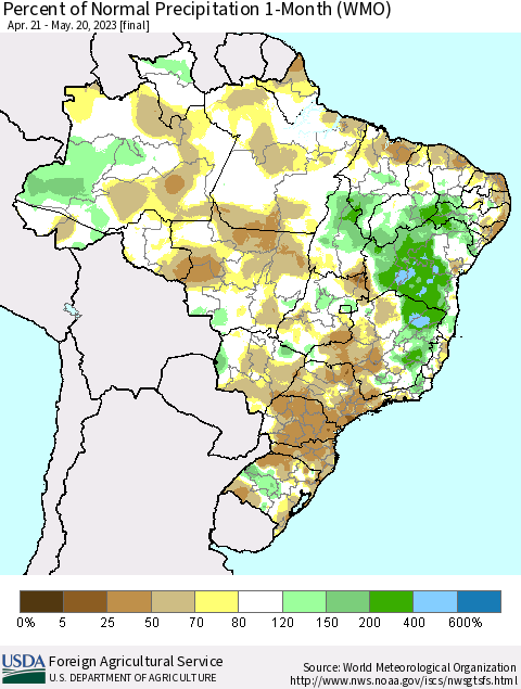 Brazil Percent of Normal Precipitation 1-Month (WMO) Thematic Map For 4/21/2023 - 5/20/2023