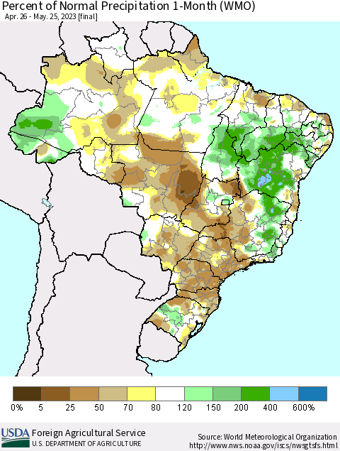 Brazil Percent of Normal Precipitation 1-Month (WMO) Thematic Map For 4/26/2023 - 5/25/2023