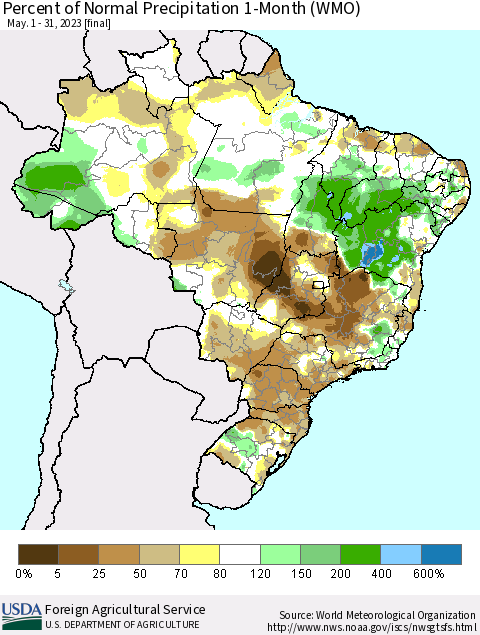 Brazil Percent of Normal Precipitation 1-Month (WMO) Thematic Map For 5/1/2023 - 5/31/2023